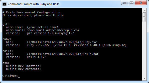 Screenshot showing correct git, ruby, rails and ssh settings